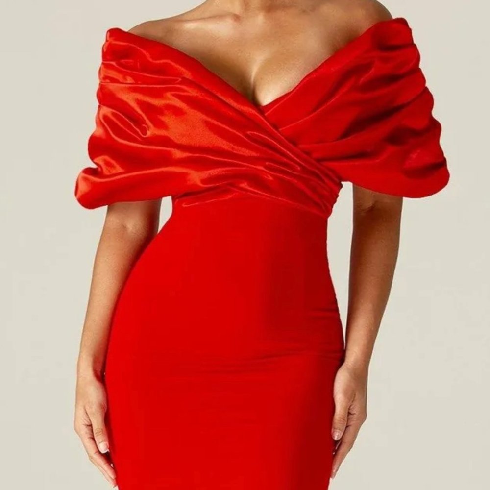 RED MARIBEL CREPE RUFFLE SHOULDER DRESS